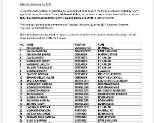 New Coach Mohamed Kallon Gathers 25-Man Squad for 2026 World Cup Qualifiers