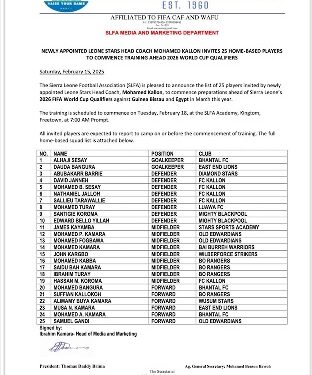 New Coach Mohamed Kallon Gathers 25-Man Squad for 2026 World Cup Qualifiers